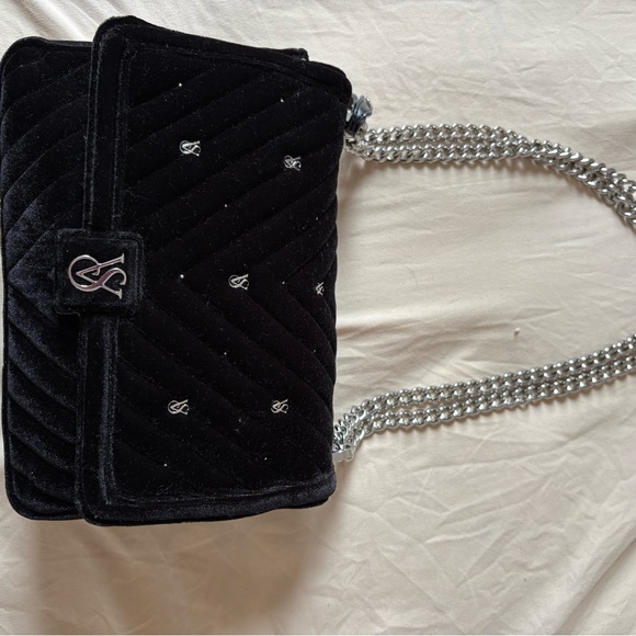 Victoria's Secret Handbags - Victoria's Secret Black Quilted Velvet Shoulder Bag with Silver Chain Strap